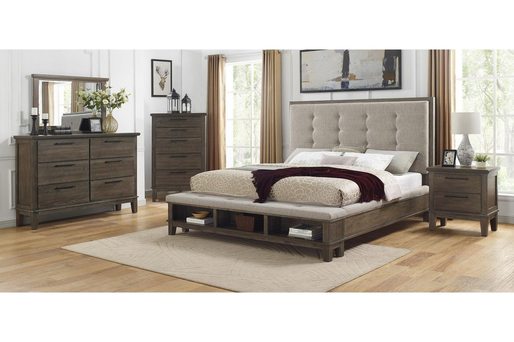 Gray Modern Traditional Solid Wood Veneers Fabric Upholstered Tufted Shelves Bedroom Set - Ella Furniture