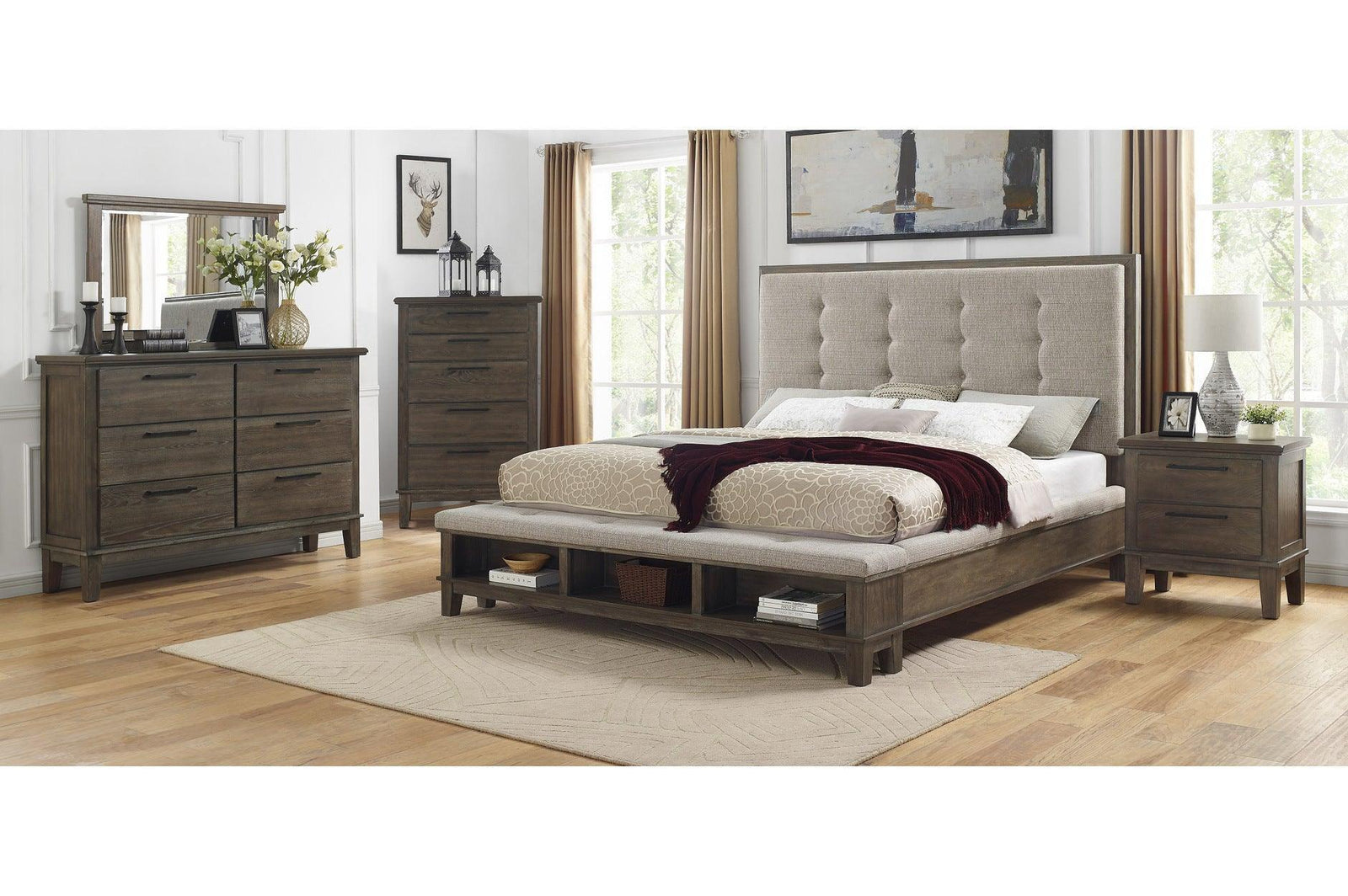Gray Modern Traditional Solid Wood Veneers Fabric Upholstered Tufted Shelves Bedroom Set - Ella Furniture