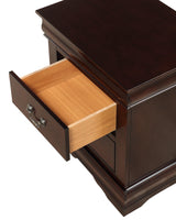 Louis Philip Night Stand Cherry, Sleek Contemporary Modern Wood, Pewter Bail 2 Drawers - Ella Furniture