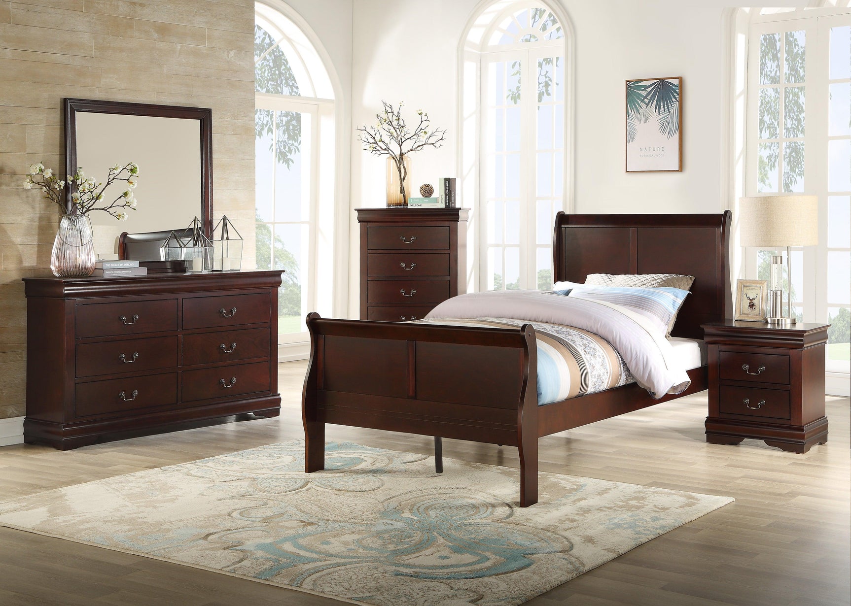 Louis Philip Cherry Wood Sleigh Bedroom Set - Ella Furniture