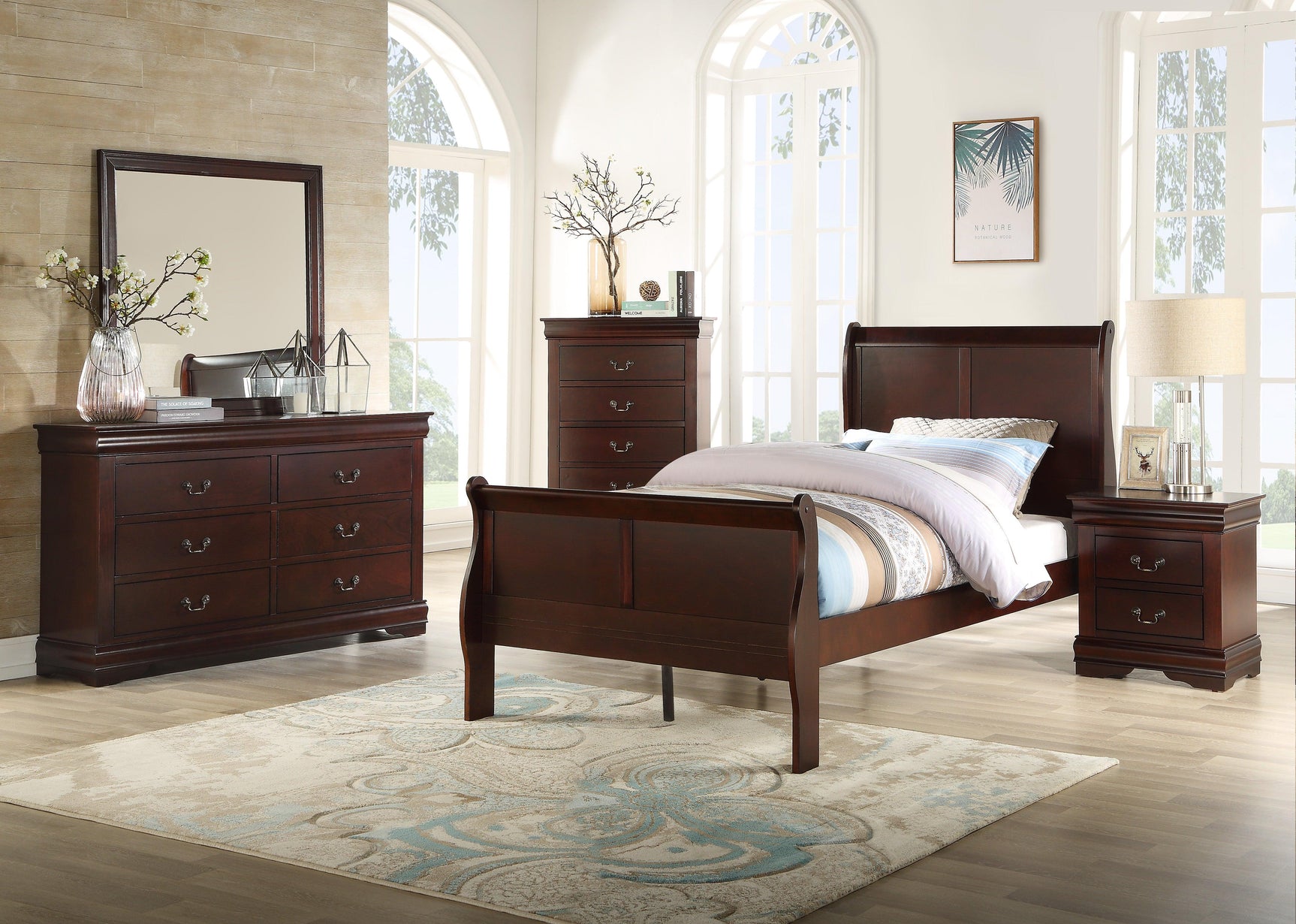 Louis Philip Cherry Classic And Modern Wood King Sleigh Bed - Ella Furniture