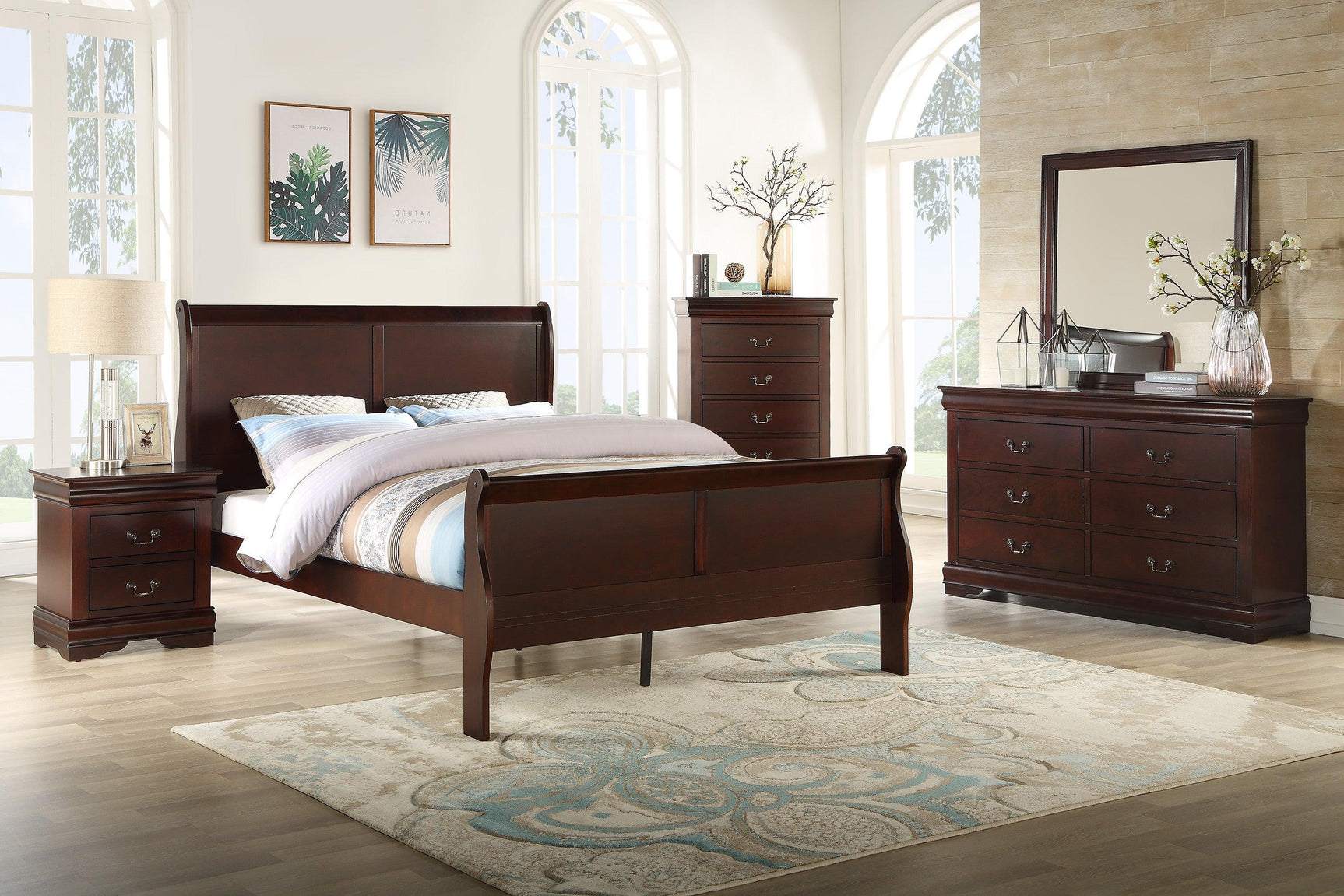 Louis Philip Cherry Wood Sleigh Bedroom Set - Ella Furniture