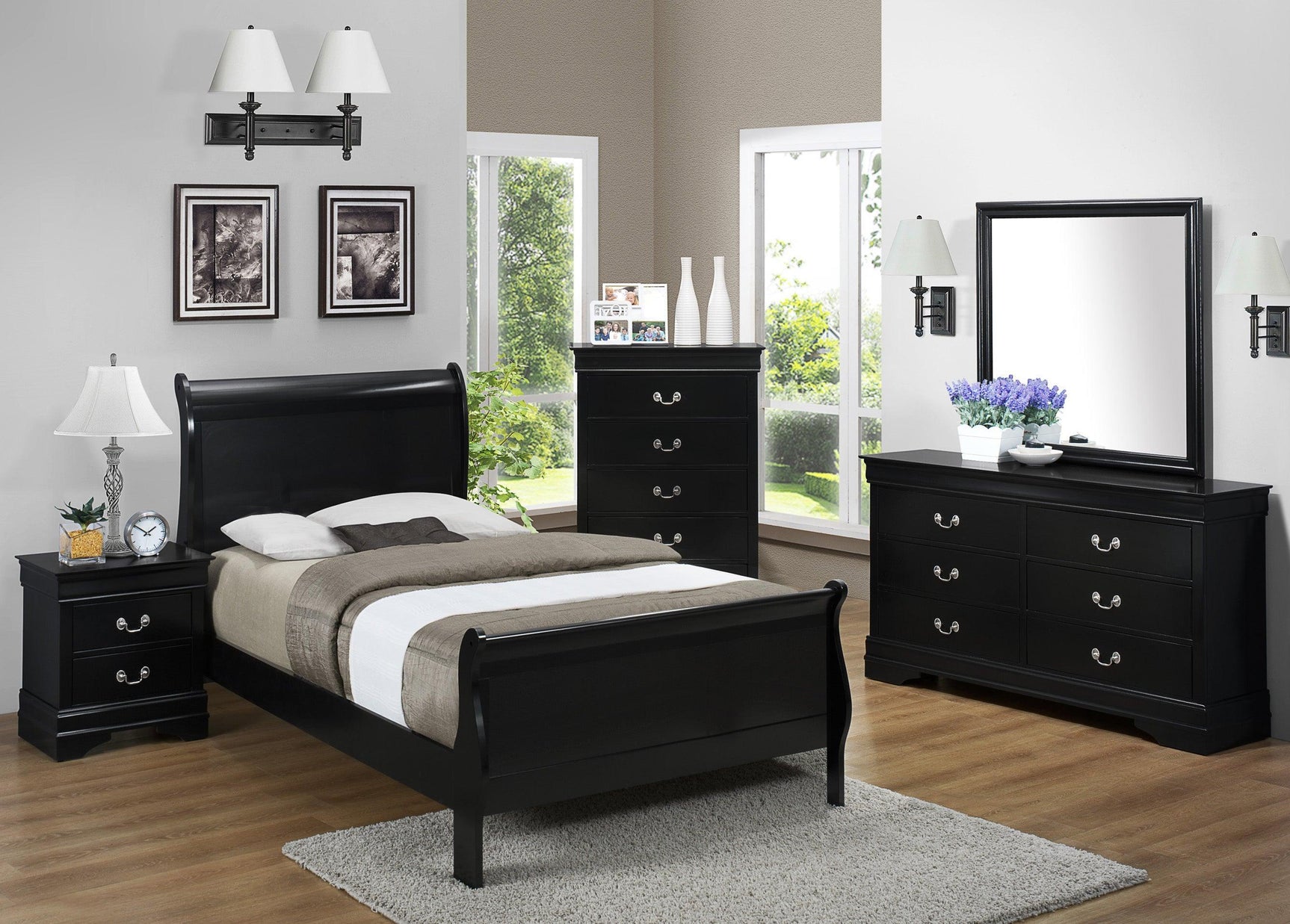 Louis Philip Black Finish Modern Smooth Contemporary Sleigh Bedroom Set - Ella Furniture