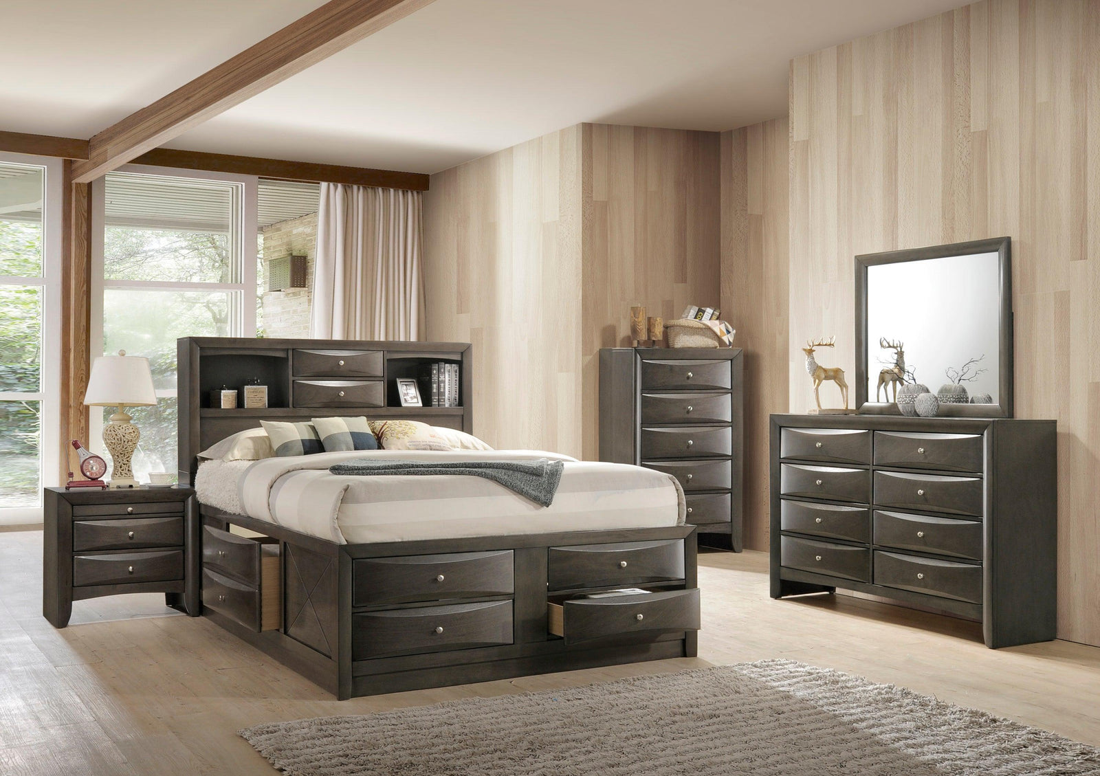 Emily Gray Oak Sleek Contemporary Modern Transitional Storage Platform Bedroom Set - Ella Furniture