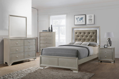 Lyssa Champagne Modern Faux Finish LED Fabric Upholstered Tufted Panel Bedroom Set - Ella Furniture