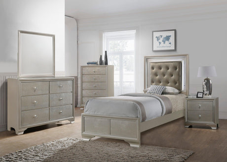 Lyssa Champagne Classic And Modern Queen LED Faux Leather Upholstered Tufted Panel Bed - Ella Furniture