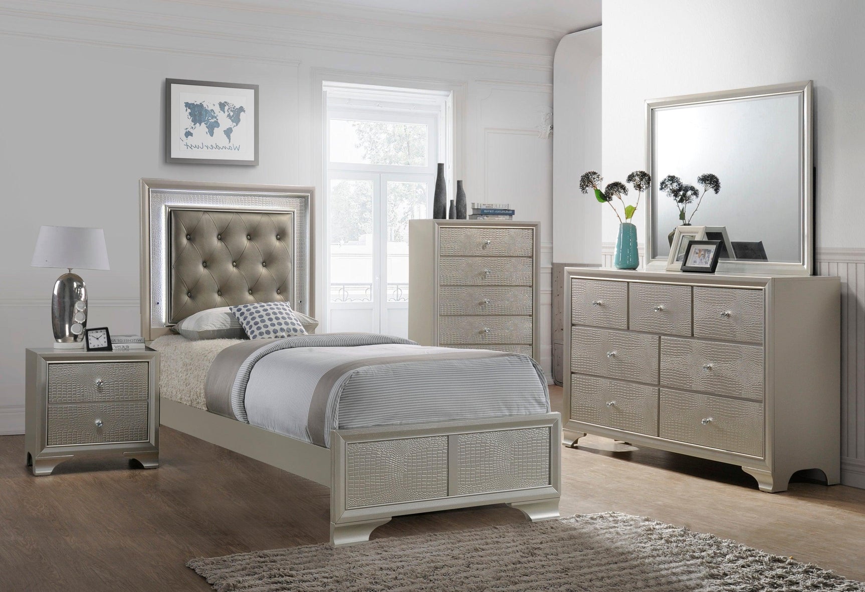 Lyssa Champagne Classic And Modern King LED Faux Leather Upholstered Tufted Panel Bed - Ella Furniture