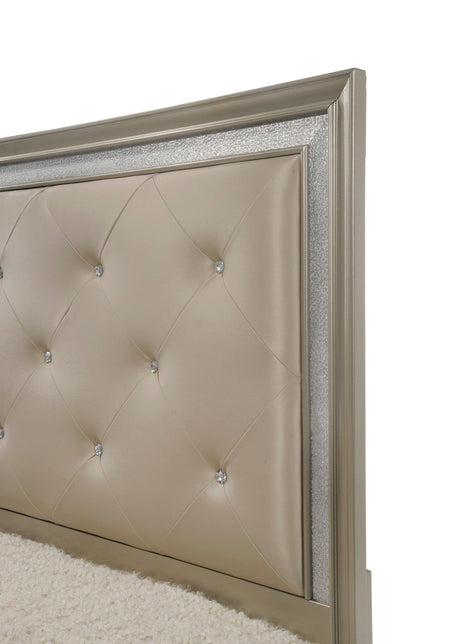 Lila Champagne Modern Metal And Wood Queen Faux Leather Upholstered Tufted Panel Bed - Ella Furniture
