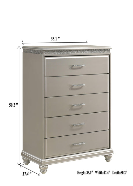 Valiant Chest Champagne Silver, Modern Faux Wood, Metal 5 Drawers - Ella Furniture