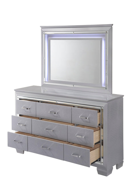 Lillian Chest Silver, Modern Faux Finish, Metal 5 Drawers - Ella Furniture