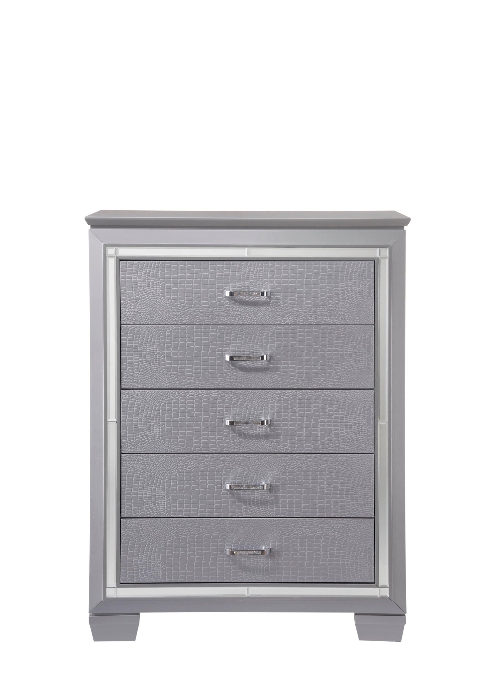 Lillian Chest Silver, Modern Faux Finish, Metal 5 Drawers - Ella Furniture