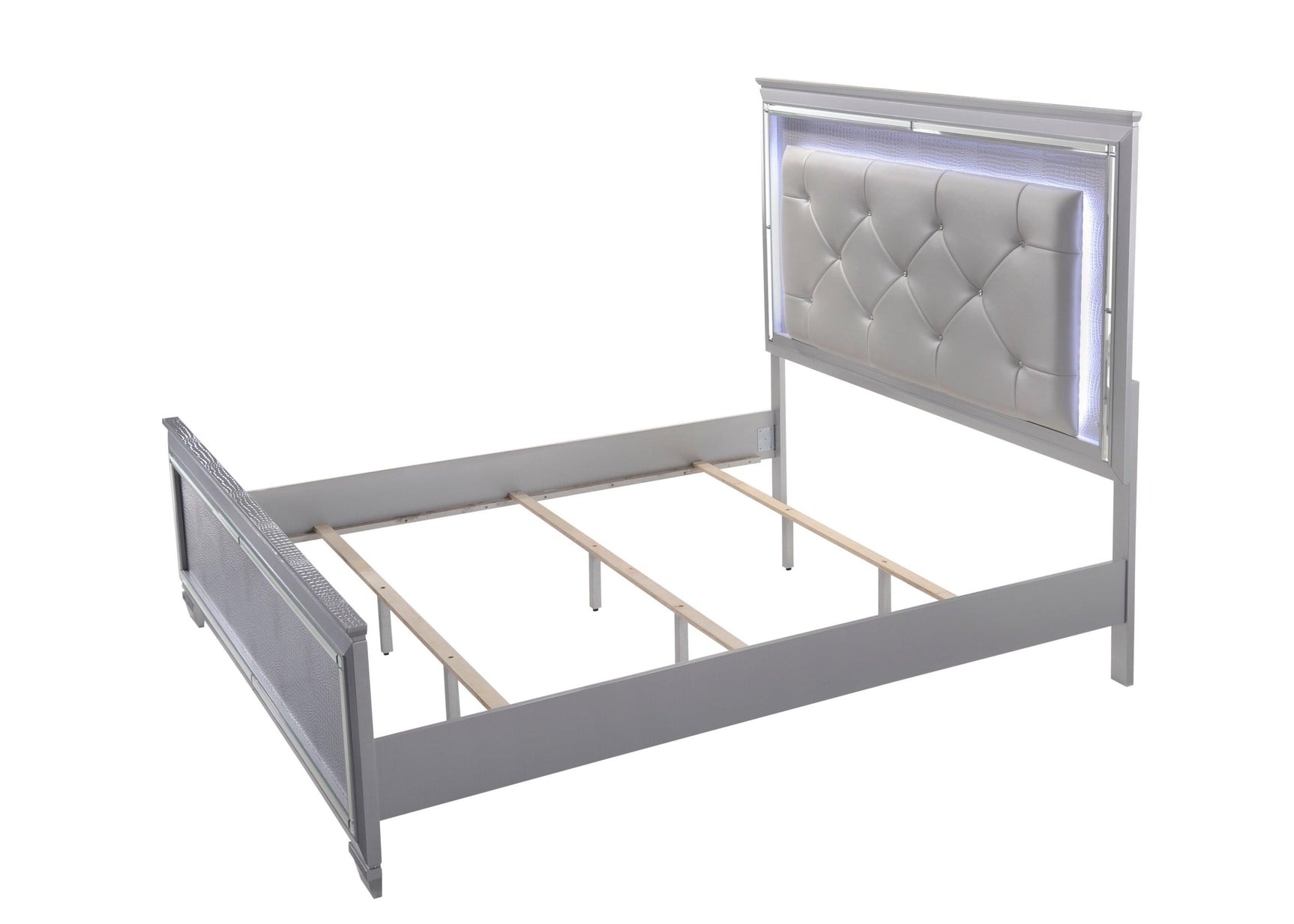 Lillian Silver Modern Sturdy Metal Queen LED Faux Leather Upholestered Tufted Bed - Ella Furniture