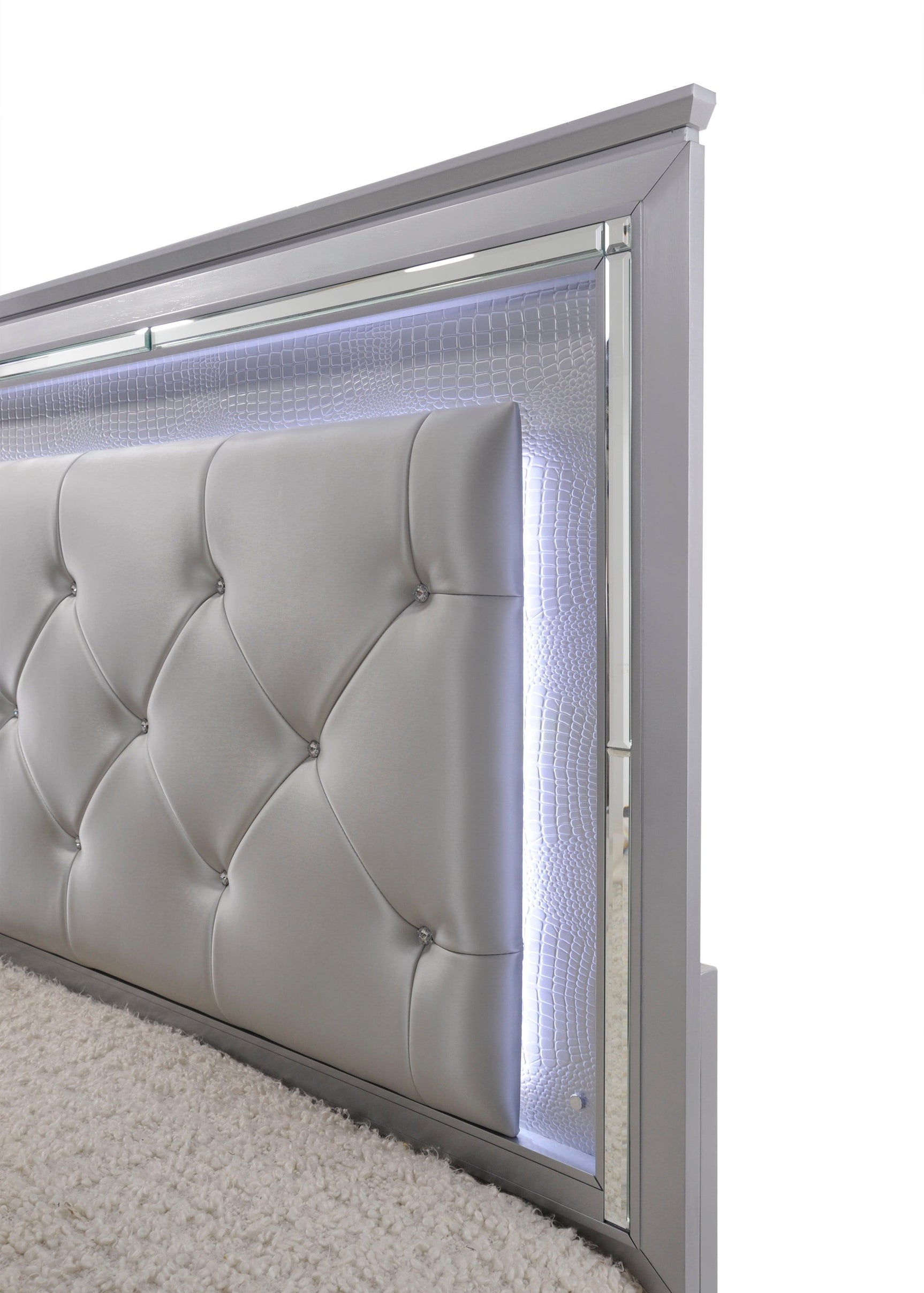 Lillian Silver Modern Sturdy Metal King LED Faux Leather Upholestered Tufted Bed - Ella Furniture