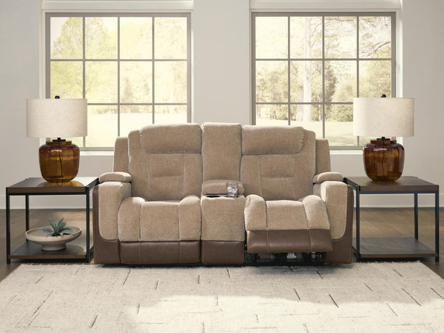 Mixed Motion Brownstone Chenille / Faux Leather Power Reclining Loveseat with Console — product view