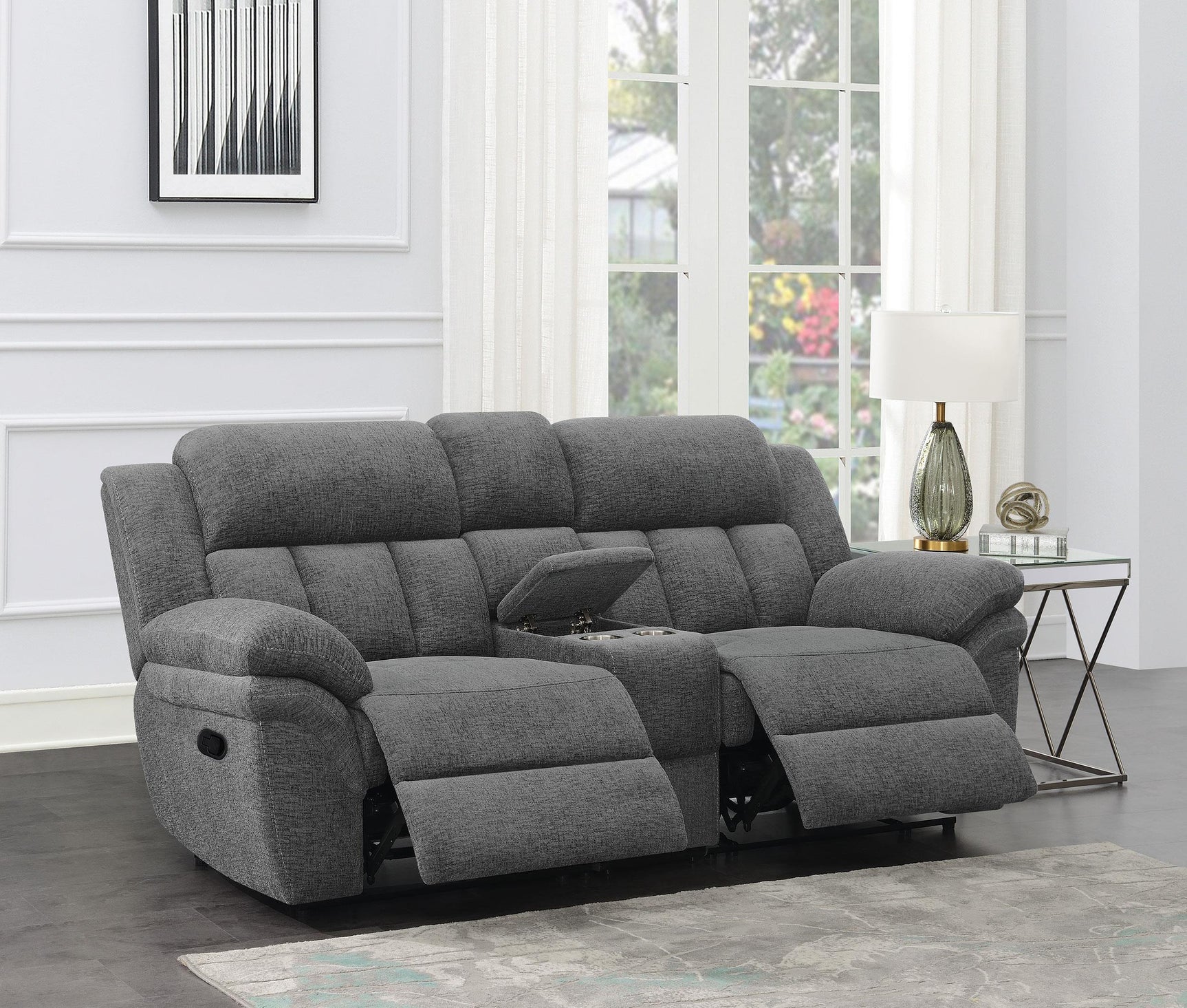 Bahrain Upholstered Motion Loveseat Charcoal 609542 - Ella Furniture
