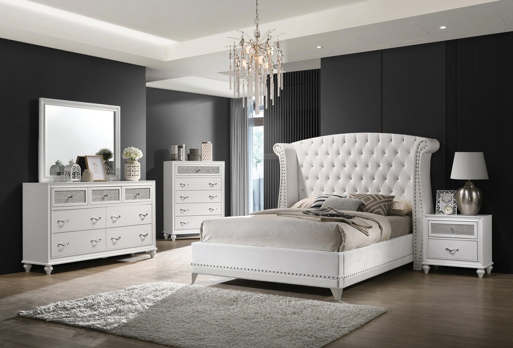 Barzini White Wingback Tufted Bedroom Set - Ella Furniture