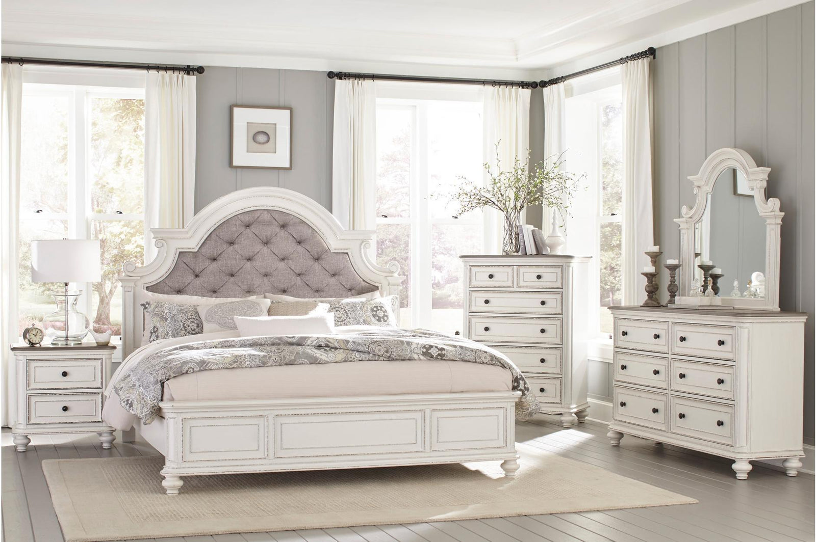 Baylesford Antique White Contemporary Solid Wood Fabric Upholstered Tufted Panel Bedroom Set - Ella Furniture