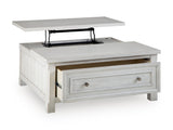 Antique White Lift-Top Coffee Table with Drawer and Hidden Storage — angled view