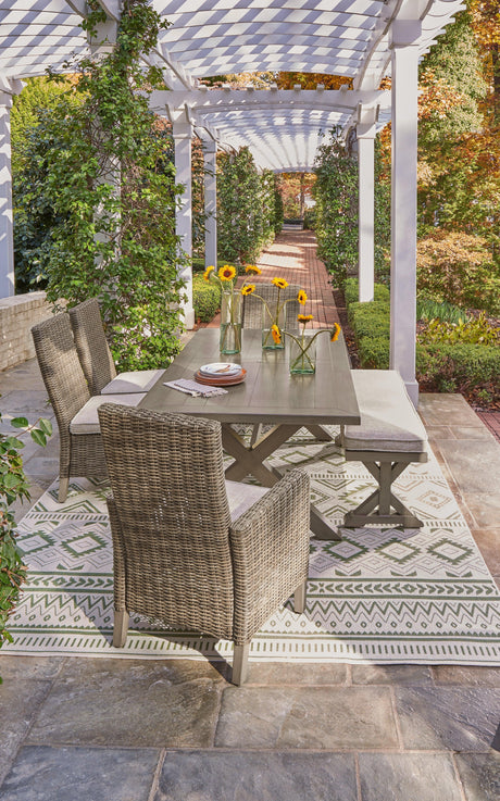 Beachcroft Beige Outdoor Dining Table And 4 Chairs And Bench PKG000284 - P791-600 | P791-625 | P791-601 | P791-601A - Ella Furniture