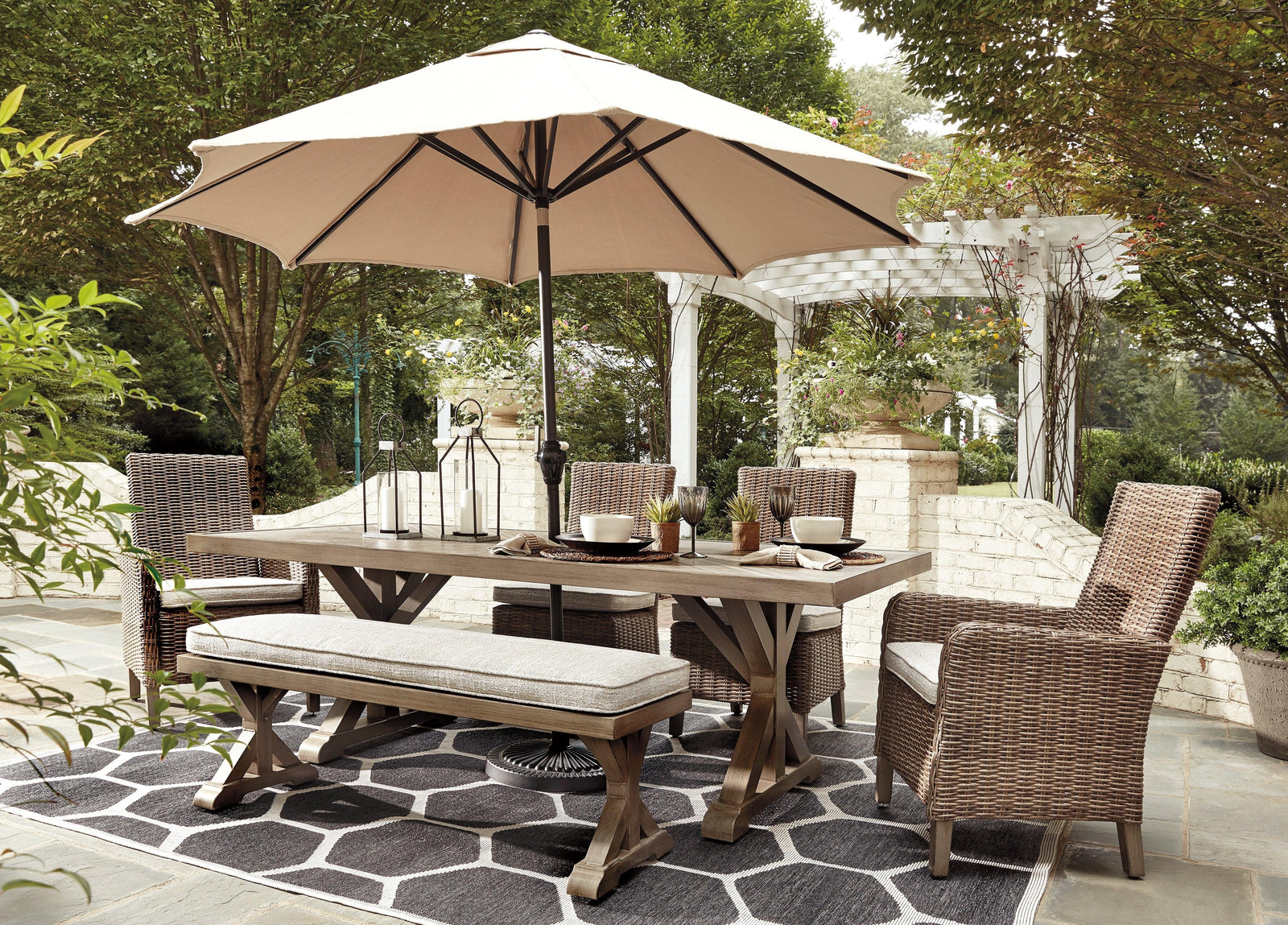 Beachcroft Beige Outdoor Dining Table And 4 Chairs And Bench PKG000284 - P791-600 | P791-625 | P791-601 | P791-601A - Ella Furniture