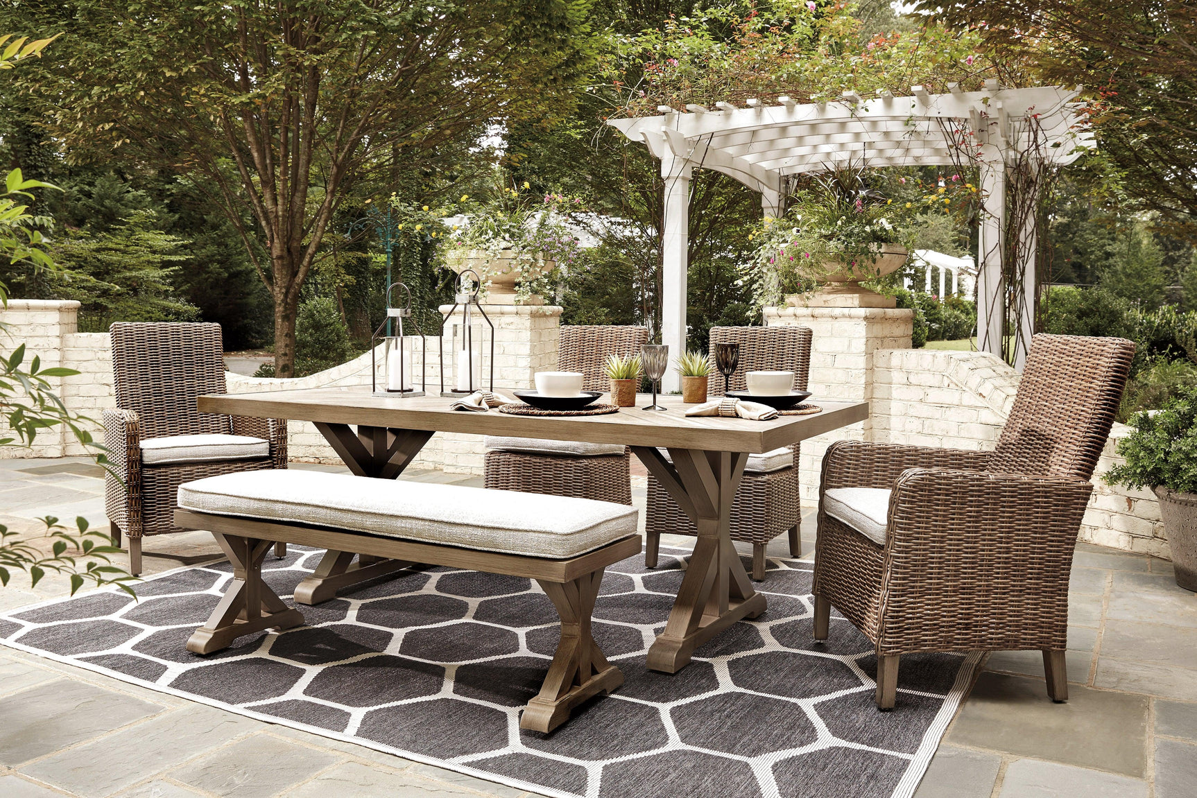 Beachcroft Beige Outdoor Dining Table And 4 Chairs And Bench PKG000284 - P791-600 | P791-625 | P791-601 | P791-601A - Ella Furniture