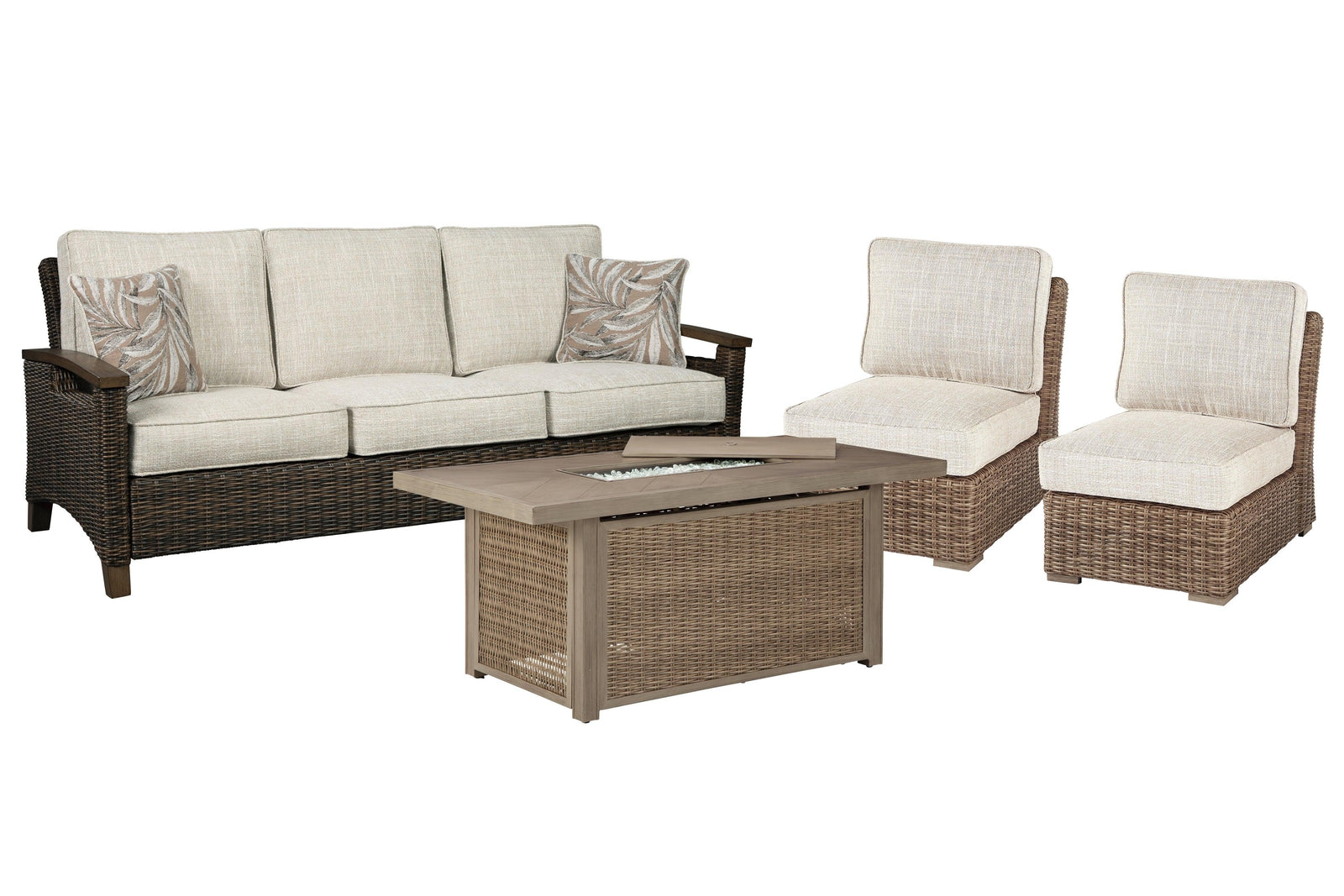 Beachcroft Beige Outdoor Sofa And 2 Lounge Chairs With Fire Pit Table - Ella Furniture