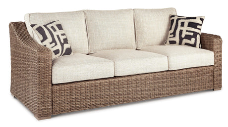 Beachcroft Beige Outdoor Sofa And 2 Lounge Chairs With Fire Pit Table - Ella Furniture