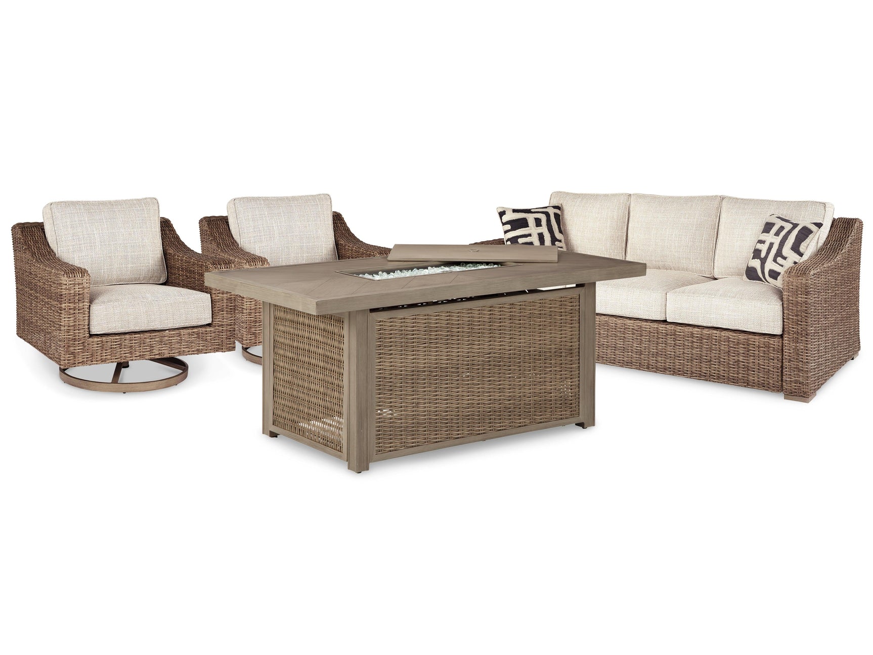 Beachcroft Beige Outdoor Sofa And 2 Lounge Chairs With Fire Pit Table PKG014579 - P791-838 | P791-821 | P791-821 | P791-773 - Ella Furniture