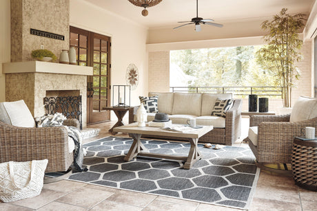Beachcroft Beige Outdoor Sofa With 2 Lounge Chairs, Coffee Table And End Table - Ella Furniture