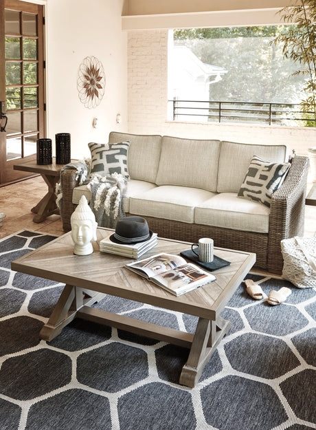 Beachcroft Beige Outdoor Sofa With 2 Lounge Chairs, Coffee Table And End Table - Ella Furniture