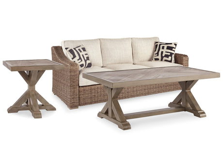 Beachcroft Beige Outdoor Sofa With Coffee Table And End Table - Ella Furniture