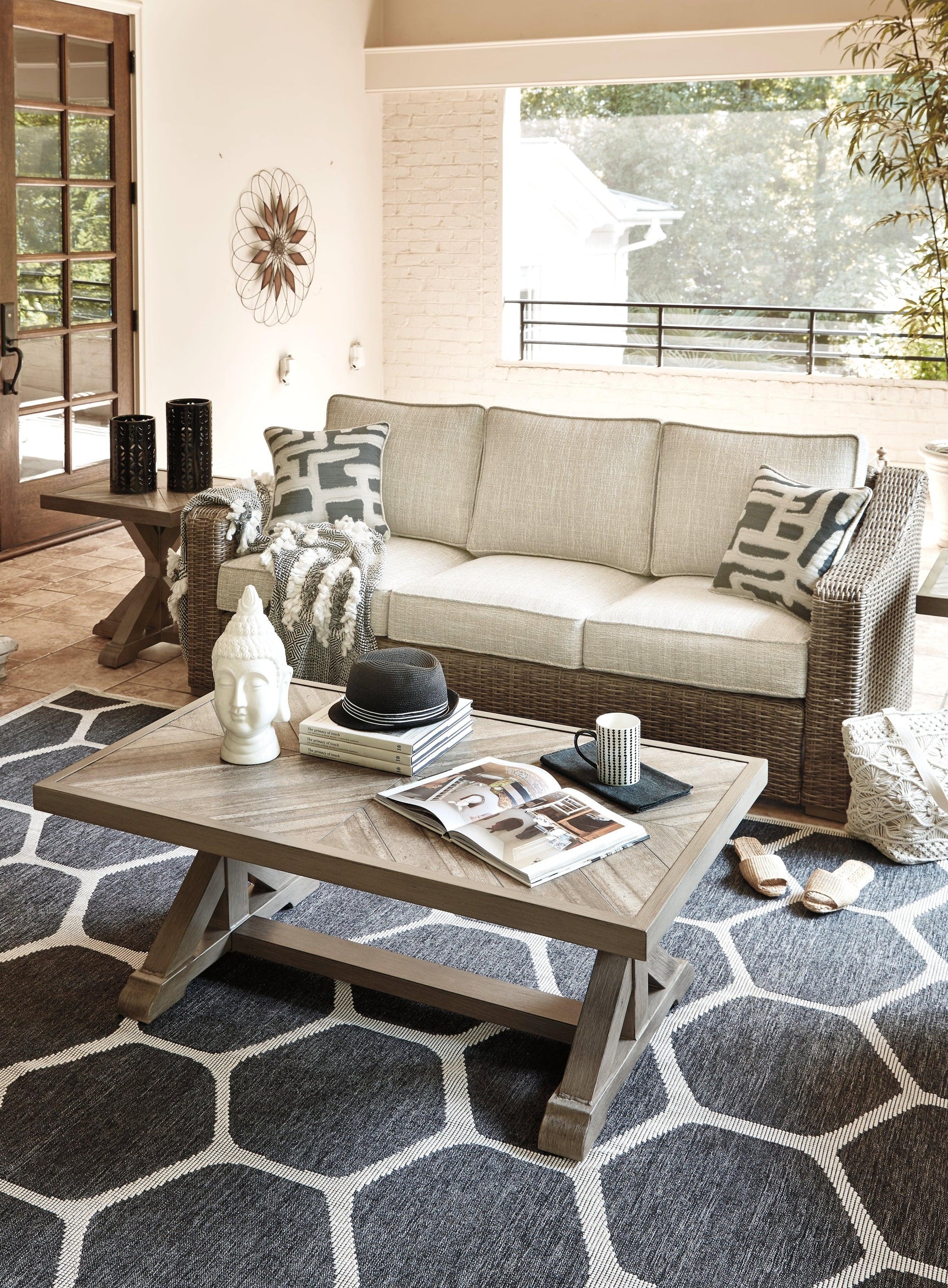 Beachcroft Beige Outdoor Sofa With Coffee Table And End Table - Ella Furniture