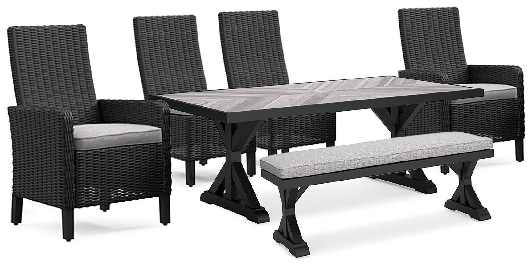 Beachcroft Black/light Gray Outdoor Dining Table And 4 Chairs And Bench - Ella Furniture