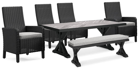 Beachcroft Black/light Gray Outdoor Dining Table And 4 Chairs And Bench - Ella Furniture