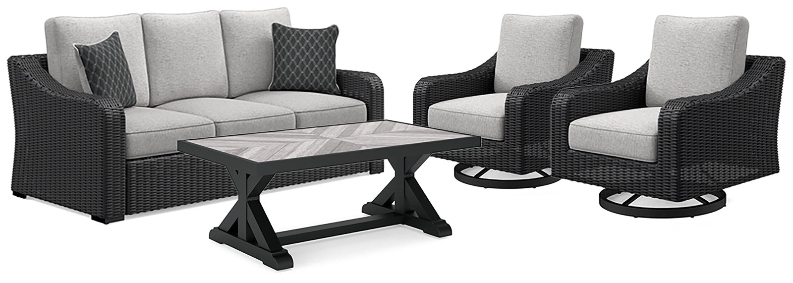 Beachcroft Black/light Gray Outdoor Sofa And 2 Chairs With Coffee Table - Ella Furniture