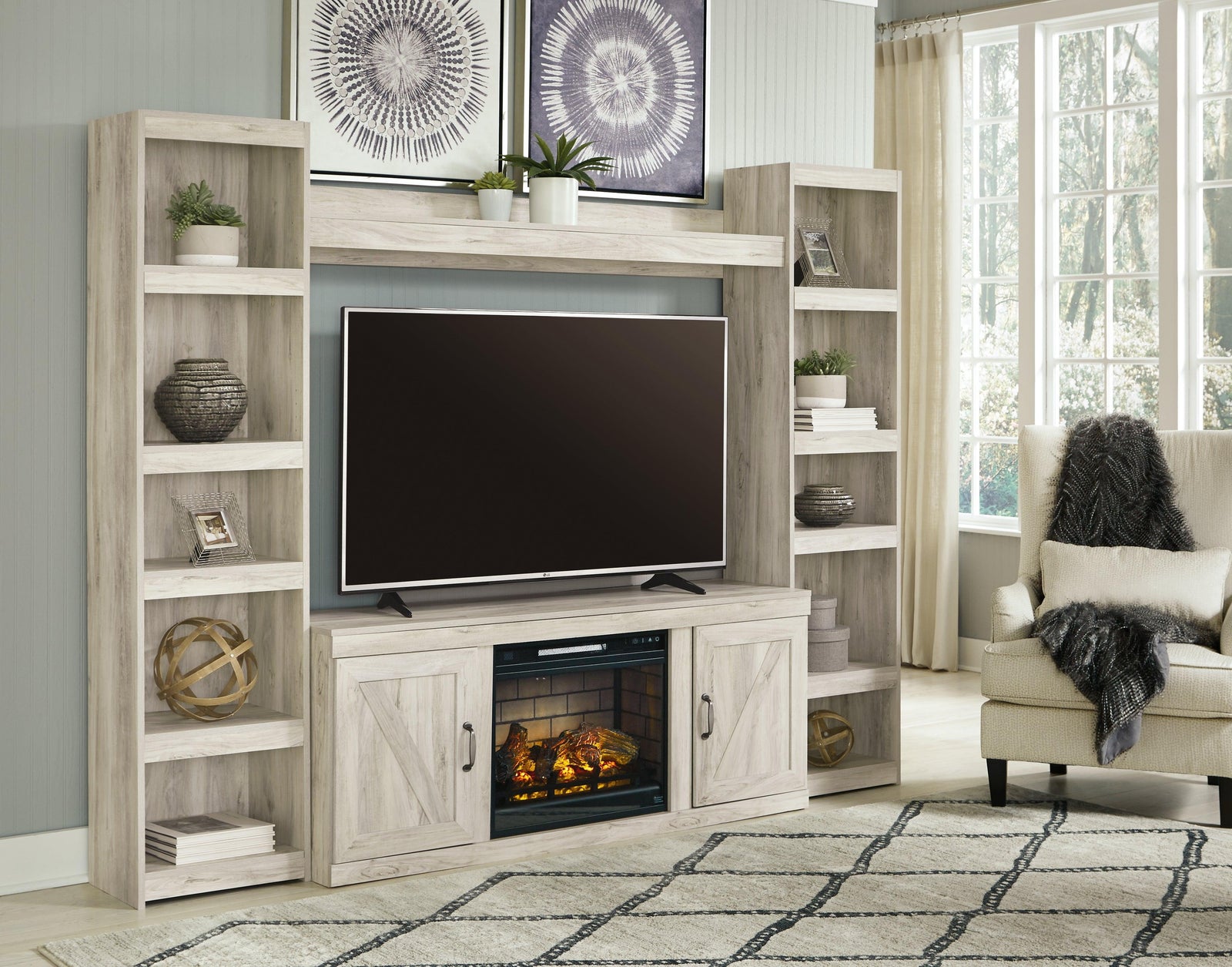 Bellaby Whitewash 4-Piece Entertainment Center With Electric Fireplace EW0331W8 - Ella Furniture