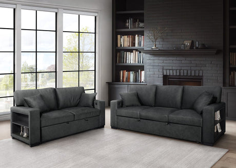 Bexley Black Premium Fabric Sofa and Loveseat Set with Bookcase Arms and USB Ports from Ella Furniture