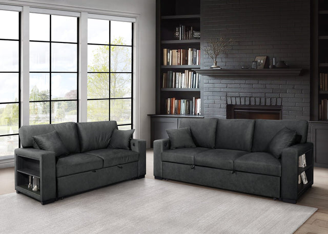 Bexley Black Premium Fabric Sofa and Loveseat Set with Bookcase Arms and USB Ports from Ella Furniture
