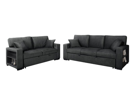 Bexley Black Premium Fabric Sofa and Loveseat Set with Bookcase Arms and USB Ports view 3