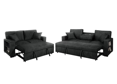Bexley Black Premium Fabric Sofa and Loveseat Set with Bookcase Arms and USB Ports view 4