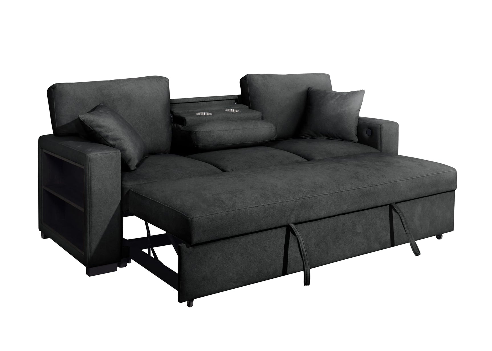 Bexley Black Premium Fabric Sofa and Loveseat Set with Bookcase Arms and USB Ports view 6