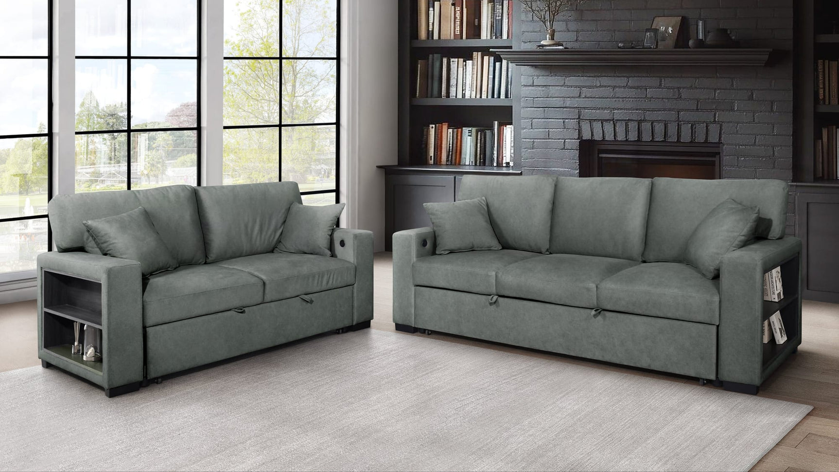 Bexley Grey Premium Fabric Sofa and Loveseat Set with Bookcase Arms and USB Ports from Ella Furniture