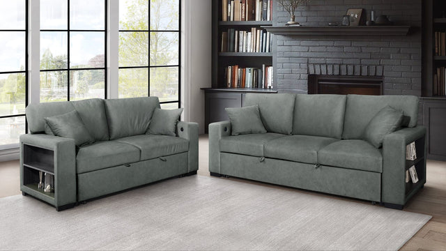 Bexley Grey Premium Fabric Sofa and Loveseat Set with Bookcase Arms and USB Ports from Ella Furniture