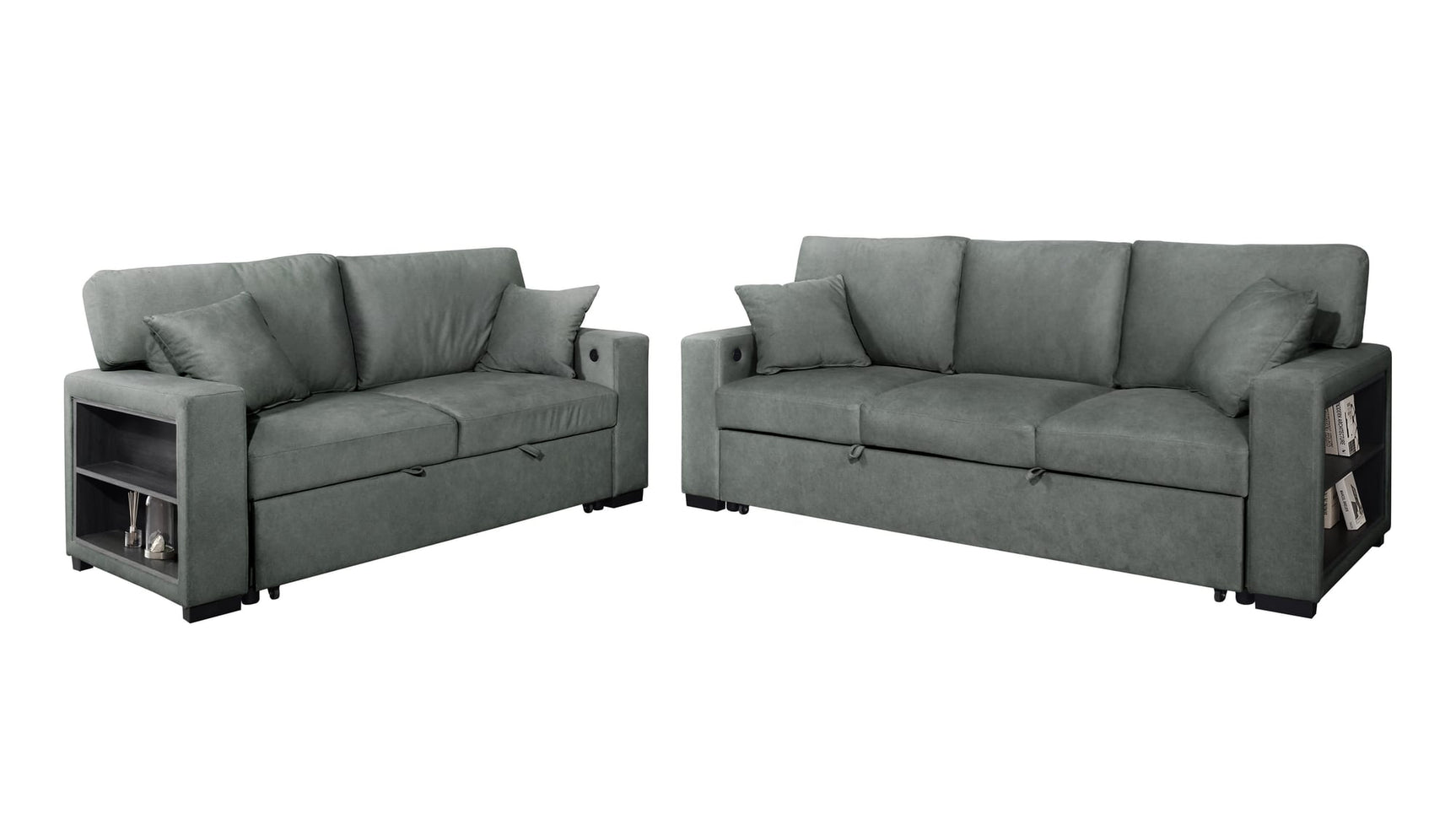 Bexley Grey Premium Fabric Sofa and Loveseat Set with Bookcase Arms and USB Ports view 6