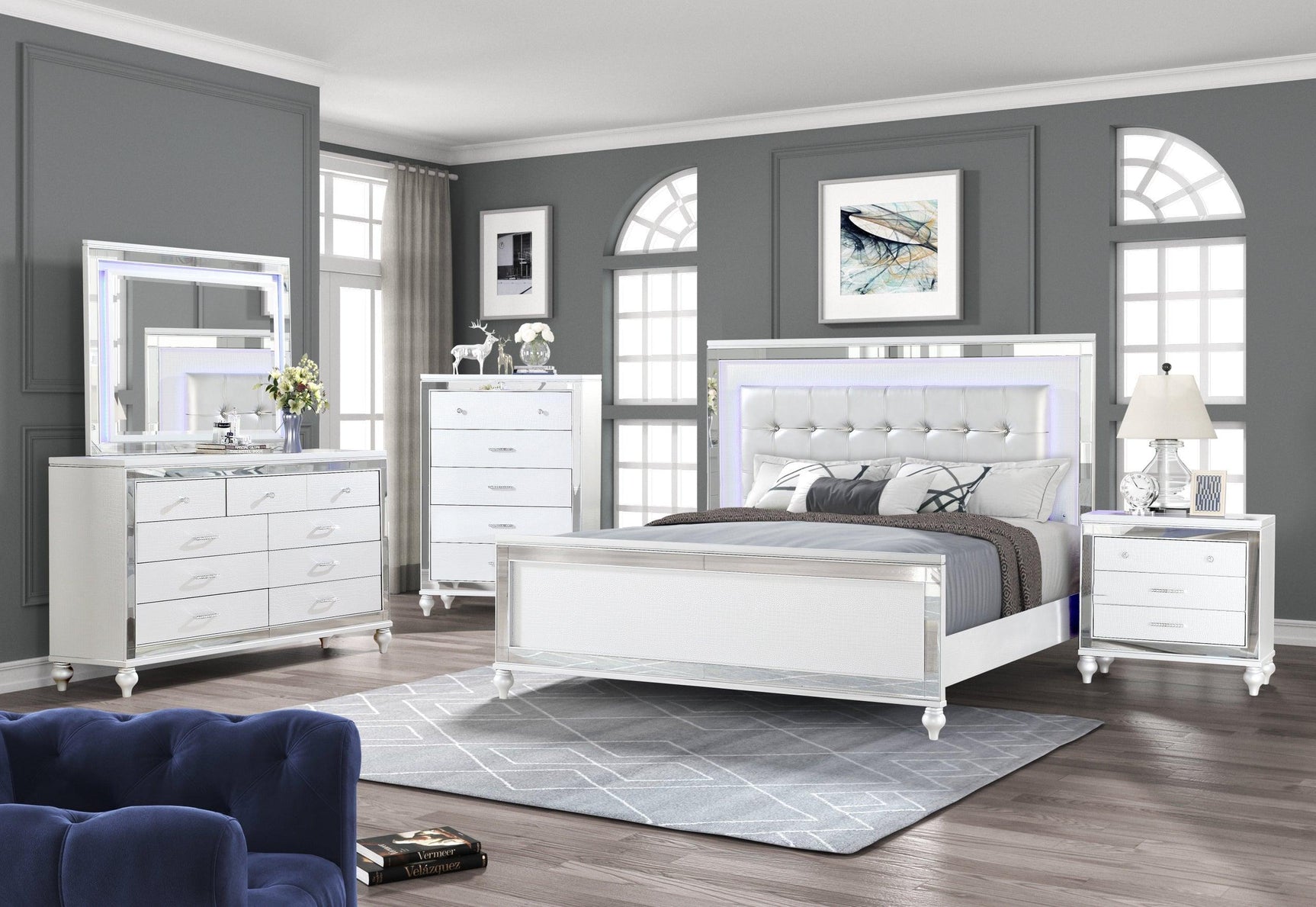 Blanca White 5PC Upholstered LED Bedroom Set - Ella Furniture