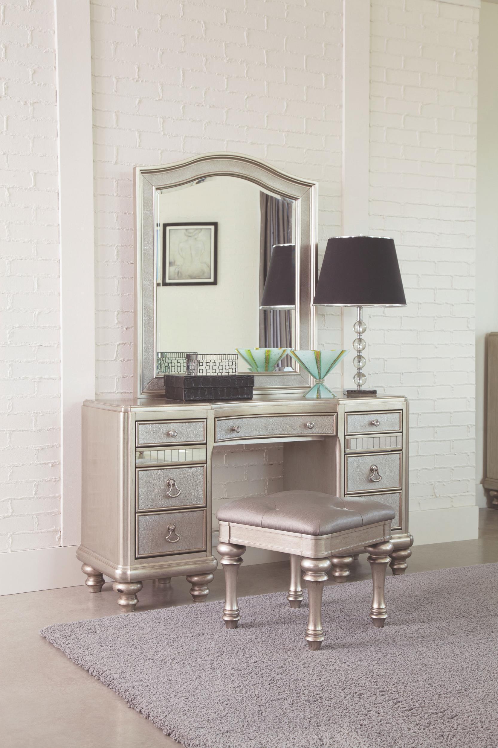 BLING GAME COLLECTION Bling Game 9-drawer Vanity Set with Stool Metallic Platinum 204187-S3 - Ella Furniture