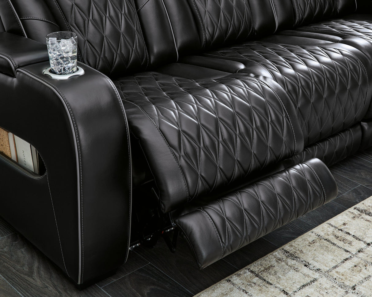 Boyington Black Leather Power Reclining Loveseat With Console - Ella Furniture