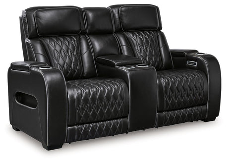 Boyington Black Leather Power Reclining Loveseat With Console - Ella Furniture