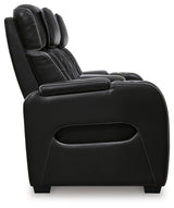 Boyington Black Leather Power Reclining Loveseat With Console - Ella Furniture