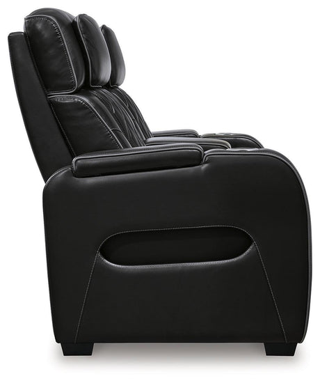 Boyington Black Leather Power Reclining Loveseat With Console - Ella Furniture